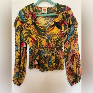 Farm Rio long sleeved ruffle v neck, button down top